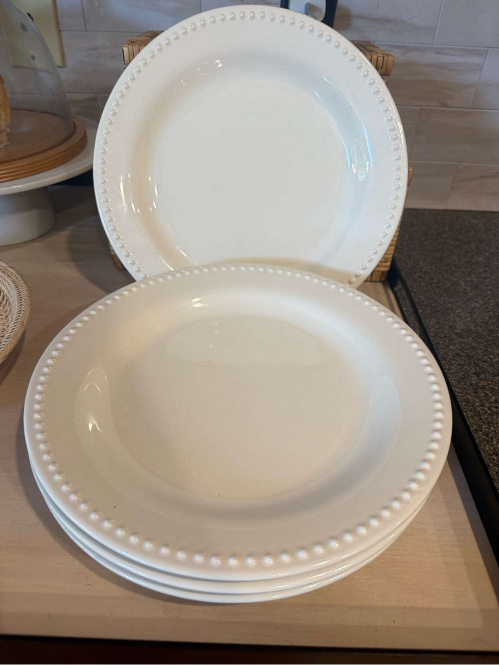 Pottery Barn Emma Beaded Stoneware Dinner Plates - Set of 4 Cream